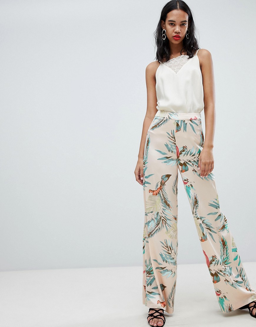 Missguided Satin Tropical Print Wide Leg Trousers