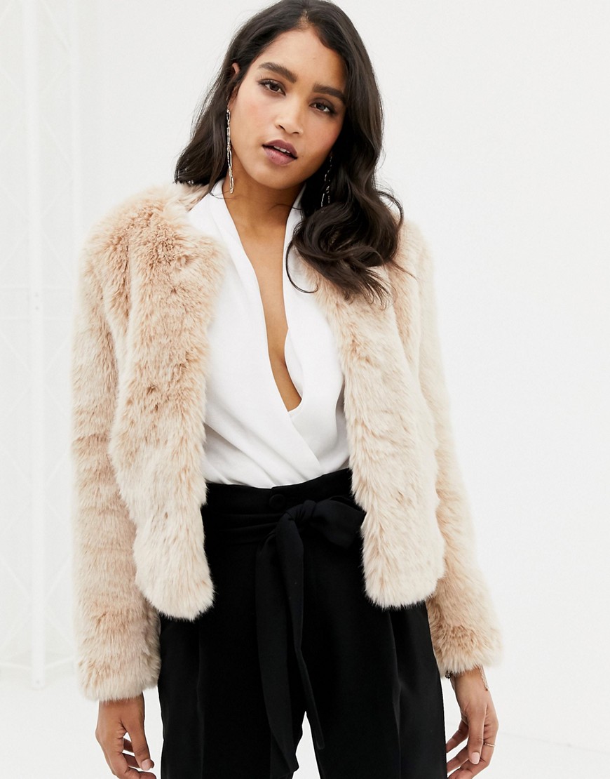 Forever New faux fur cropped jacket in pink