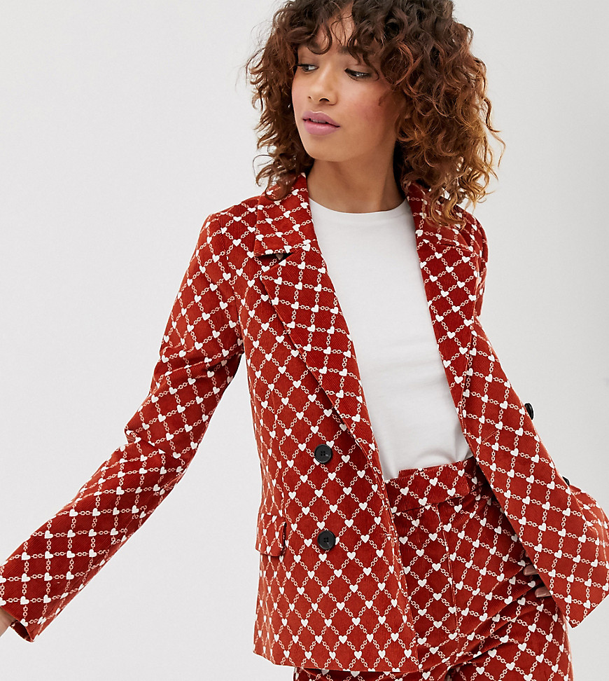 Monki heart chain print cord double breasted co-ord blazer in rust