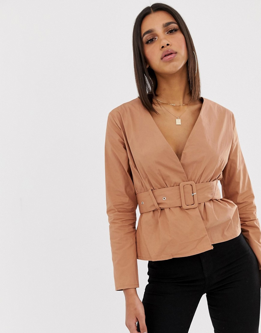 Missguided belted blouse in camel