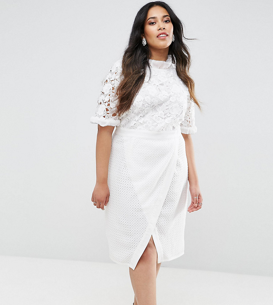 Truly You Lace Bodice Pencil Dress With Ruffle Neck And Wrap Skirt - White