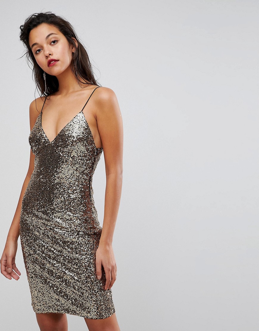 Club L Cami Strap All Over Sequin Dress - Gold