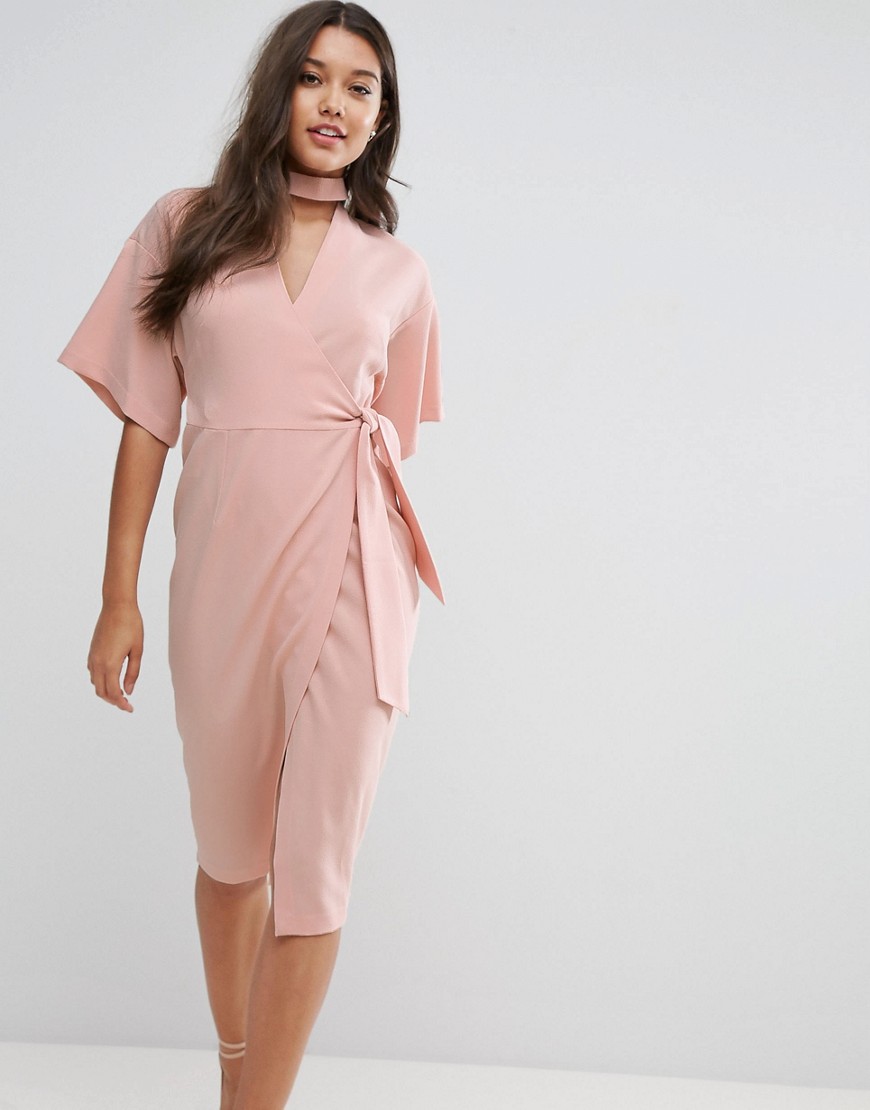 ASOS Wrap Midi Dress with Choker Detail - Blush