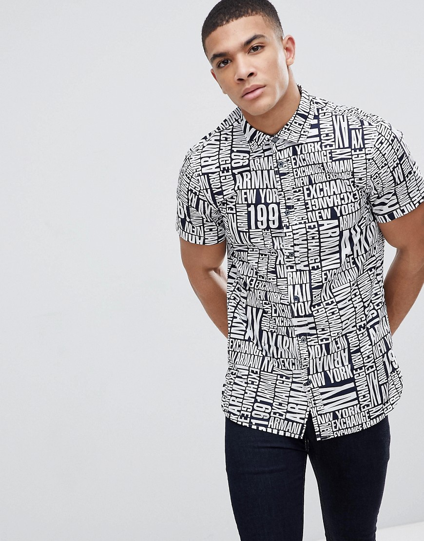 Armani Exchange All Over Logo Short Sleeve Shirt In Navy - 0512
