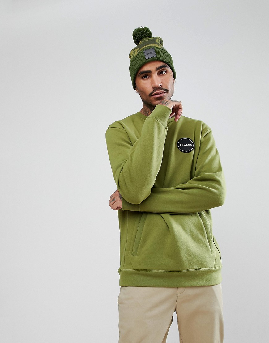 Analog Enclave Technical Crew Neck Sweatshirt Oversized Kangaroo Pockets in Green - Olive branch
