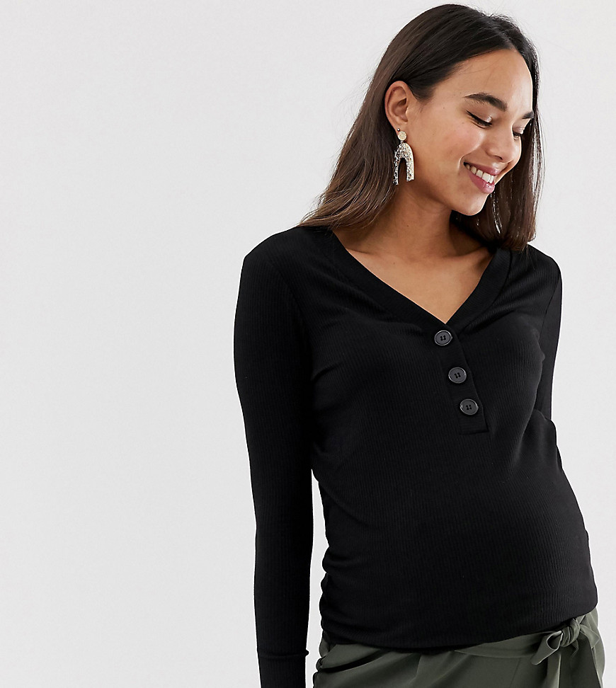 New Look Maternity contrast button down rib long sleeve top in black