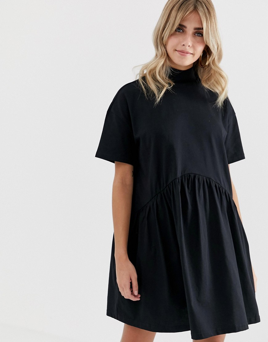 Asos Design Oversized Mini Cotton Smock Dress With High Neck-black