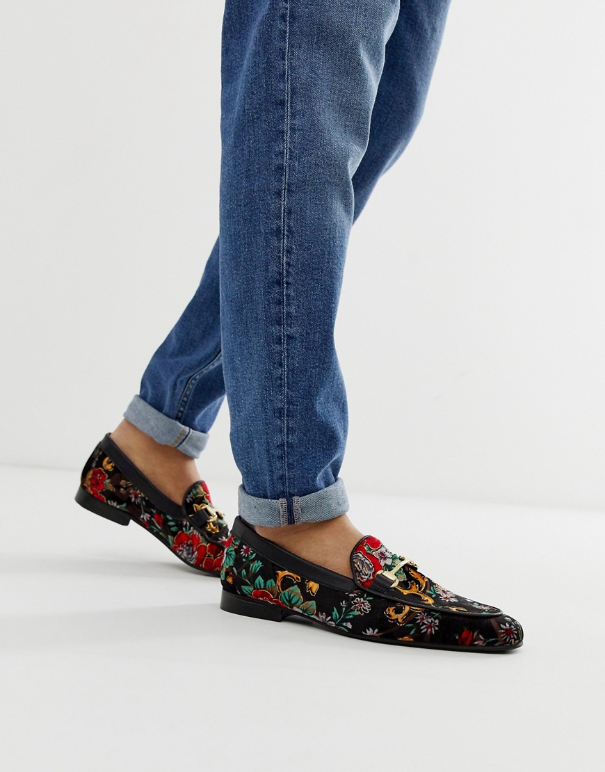WAlk london Jude loafers in black with floral embroidery
