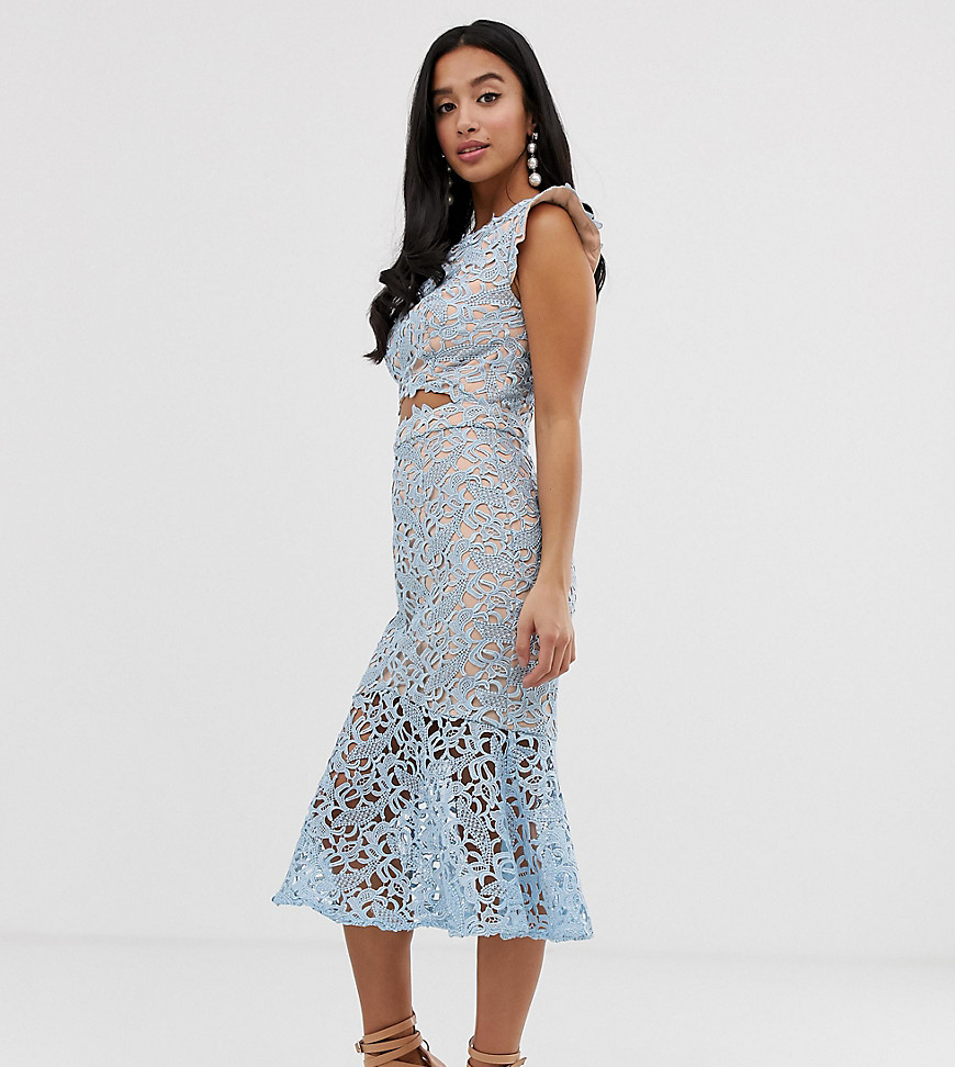 Jarlo Petite all over lace midi dress with cut-out detail in blue