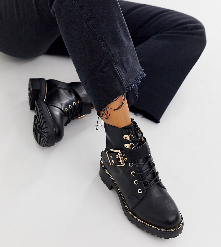 Asos Design Wide Fit Armour Chain Lace Up Ankle Boots In Black