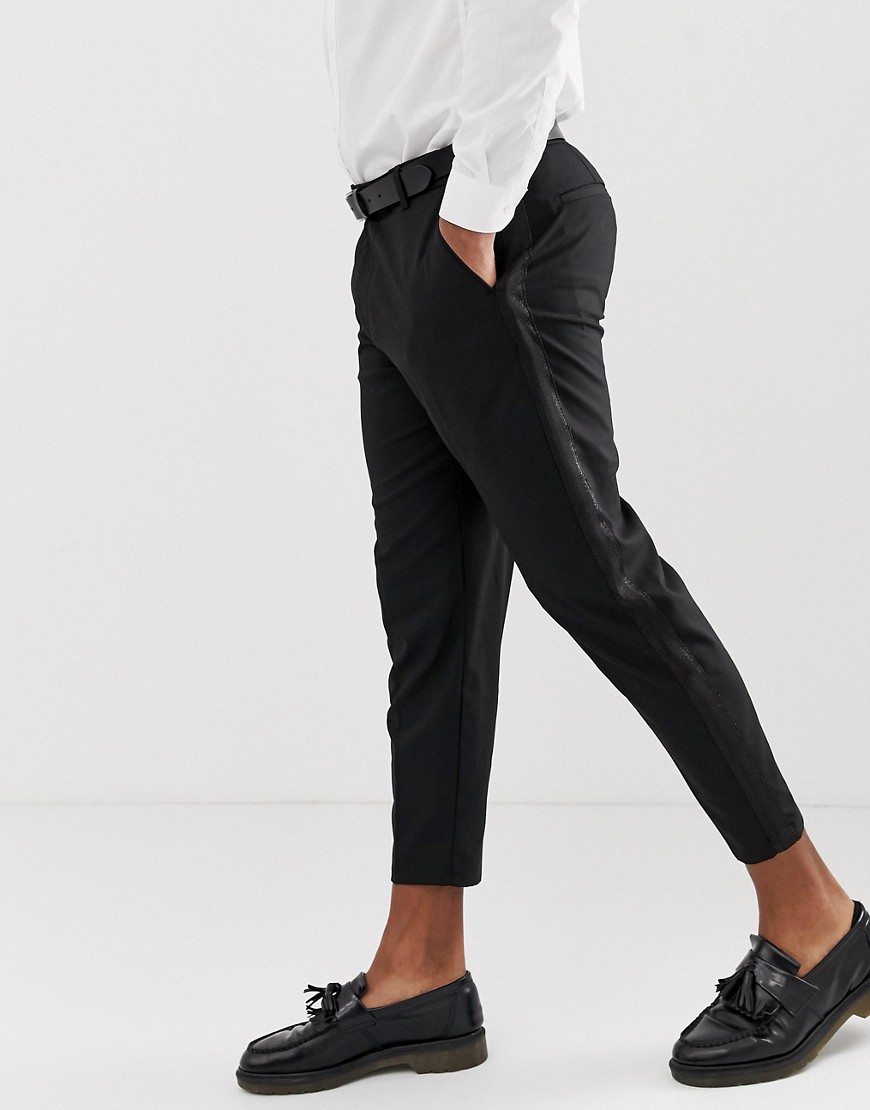Bershka tailored trousers in black with side stripe