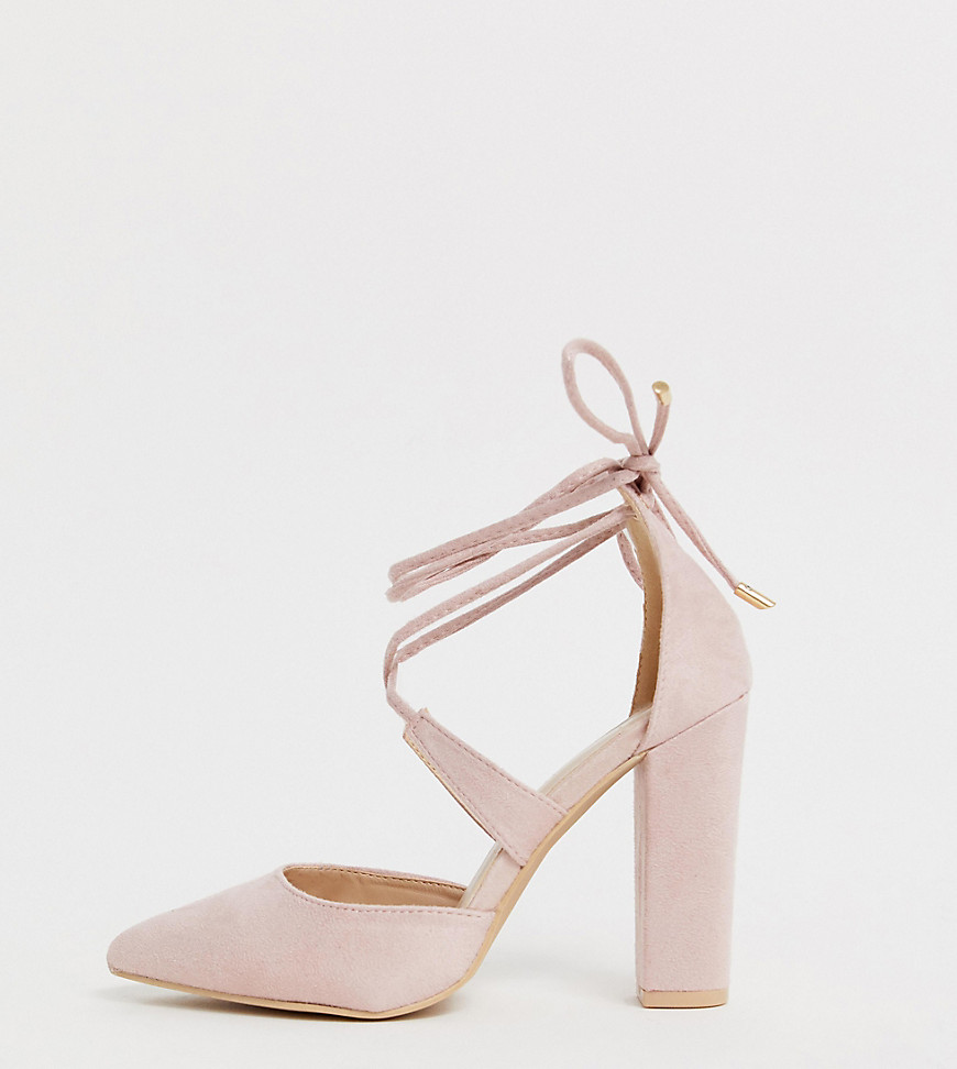 Glamorous Wide Fit blush block heeled tie up court shoes