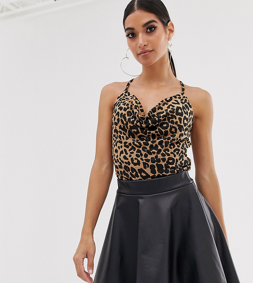 PrettyLittleThing Petite cami top with cowl neck in leopard