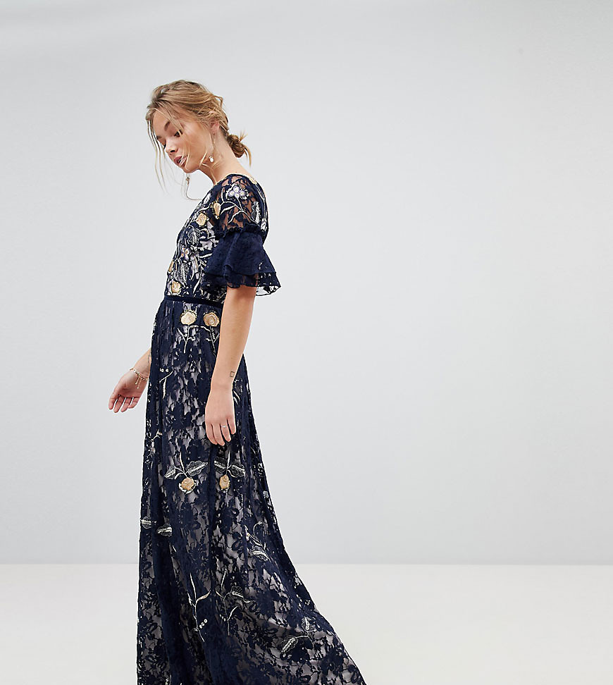 Frock And Frill Allover Floral Embroidered Lace Maxi Dress With Flutter Sleeve