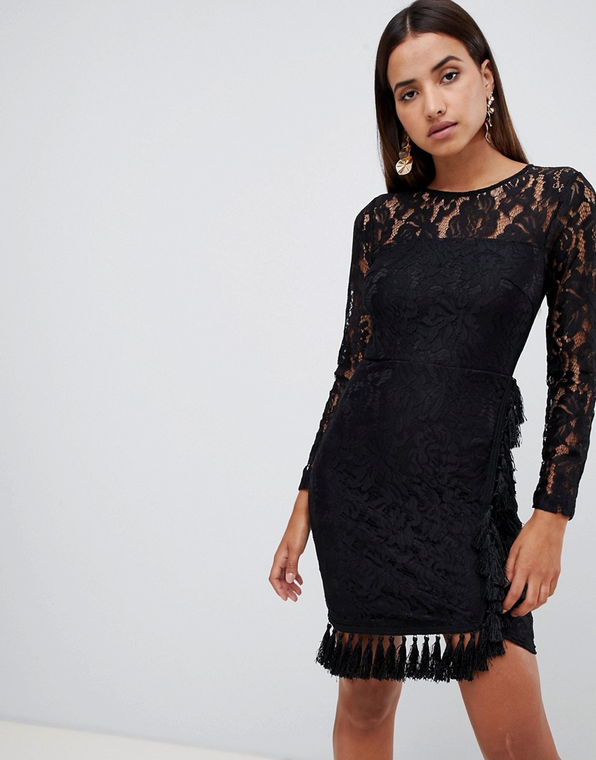 Love Triangle open back lace bodycon dress with tassel skirt detail in black