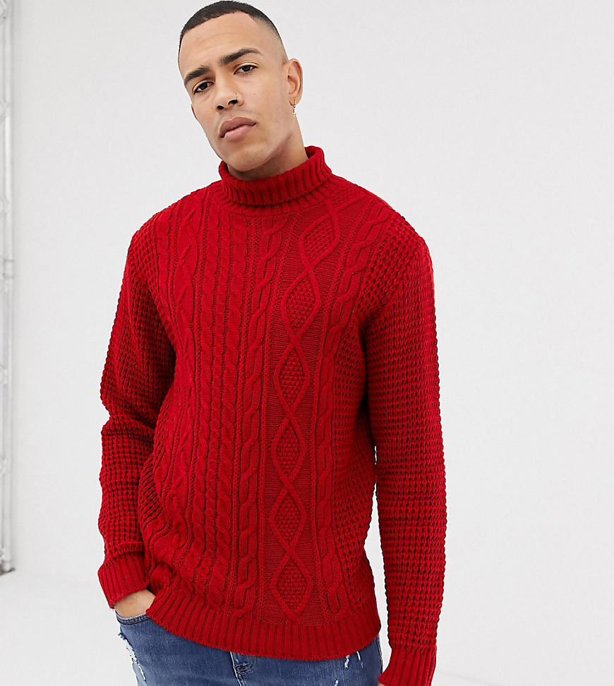 Jacamo roll neck cable knit jumper in red