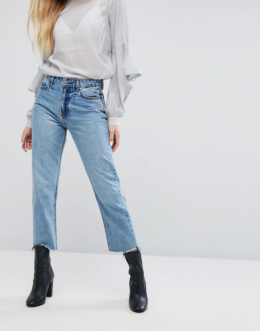 EVIDNT High Rise Mom Jeans with Deconstructed Hem - Denim blue
