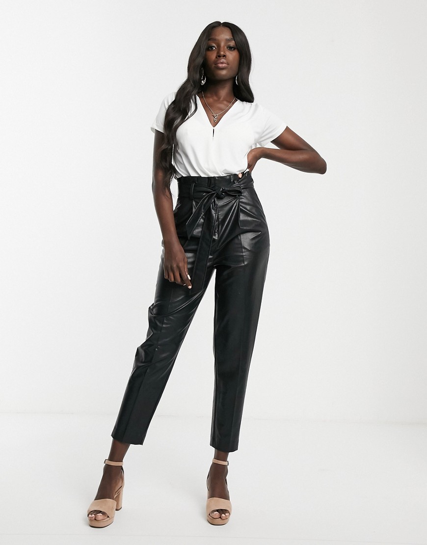 New Look leather look paperbag trousers in black