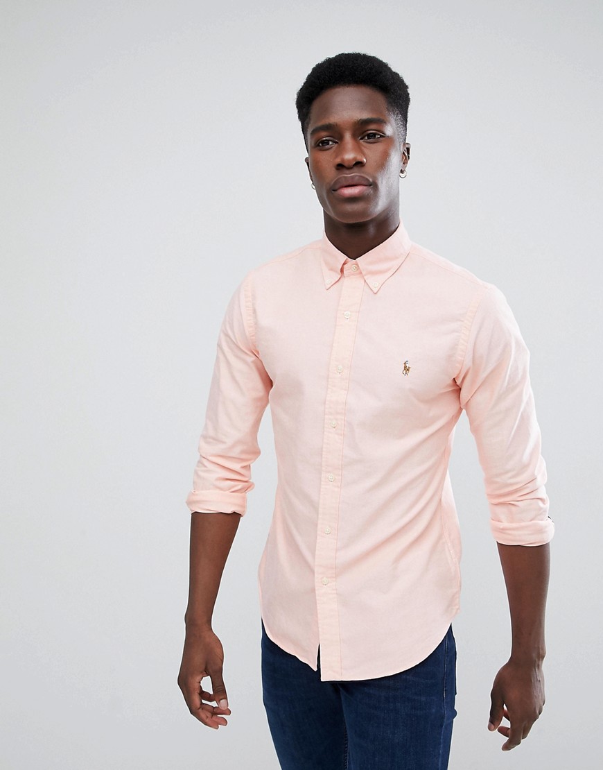Polo Ralph Lauren Slim Fit Button Down Collar Oxford Shirt With Multi Polo Player Logo in Light Pink - Mandarin