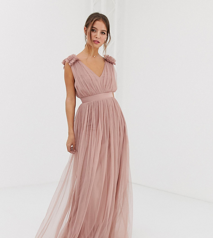 Anaya With Love tulle v neck maxi dress with ruffle shoulder and satin trim in blush