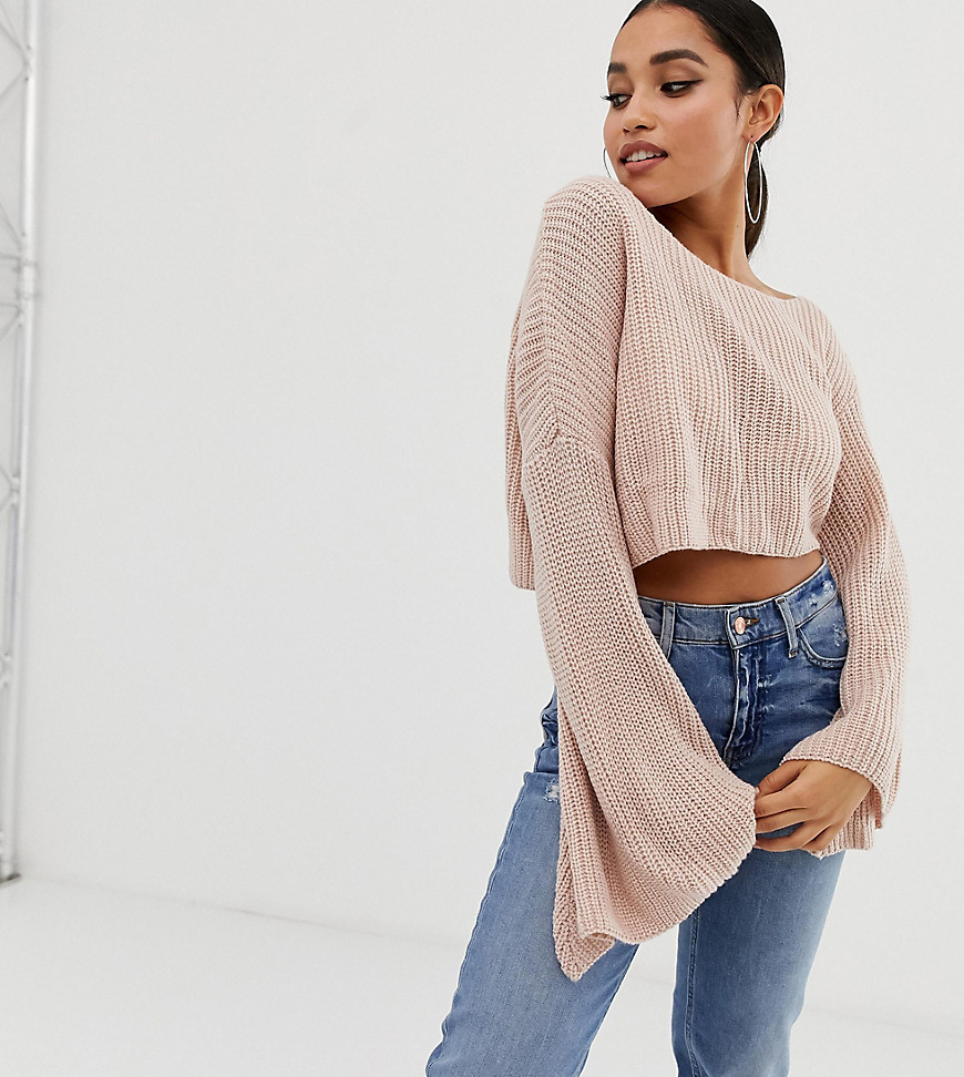 Missguided Petite off the shoulder flare sleeve cropped jumper in blush