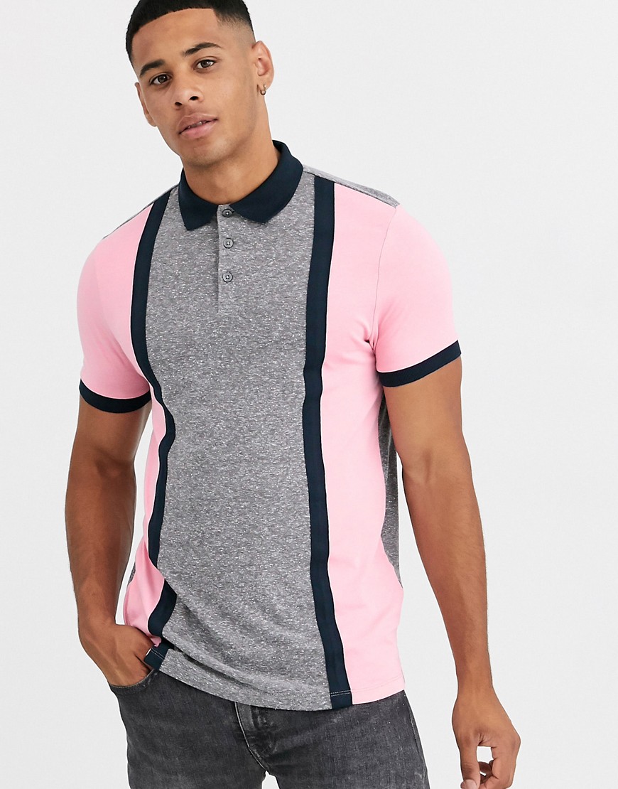 ASOS DESIGN polo shirt with vertical colour block in interest grey fabric