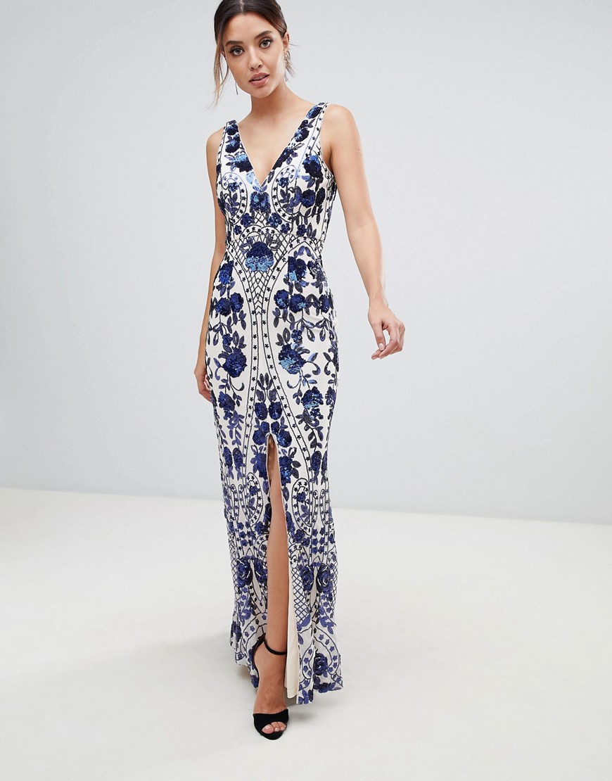 Bariano embellished maxi dress with thigh split in cobalt