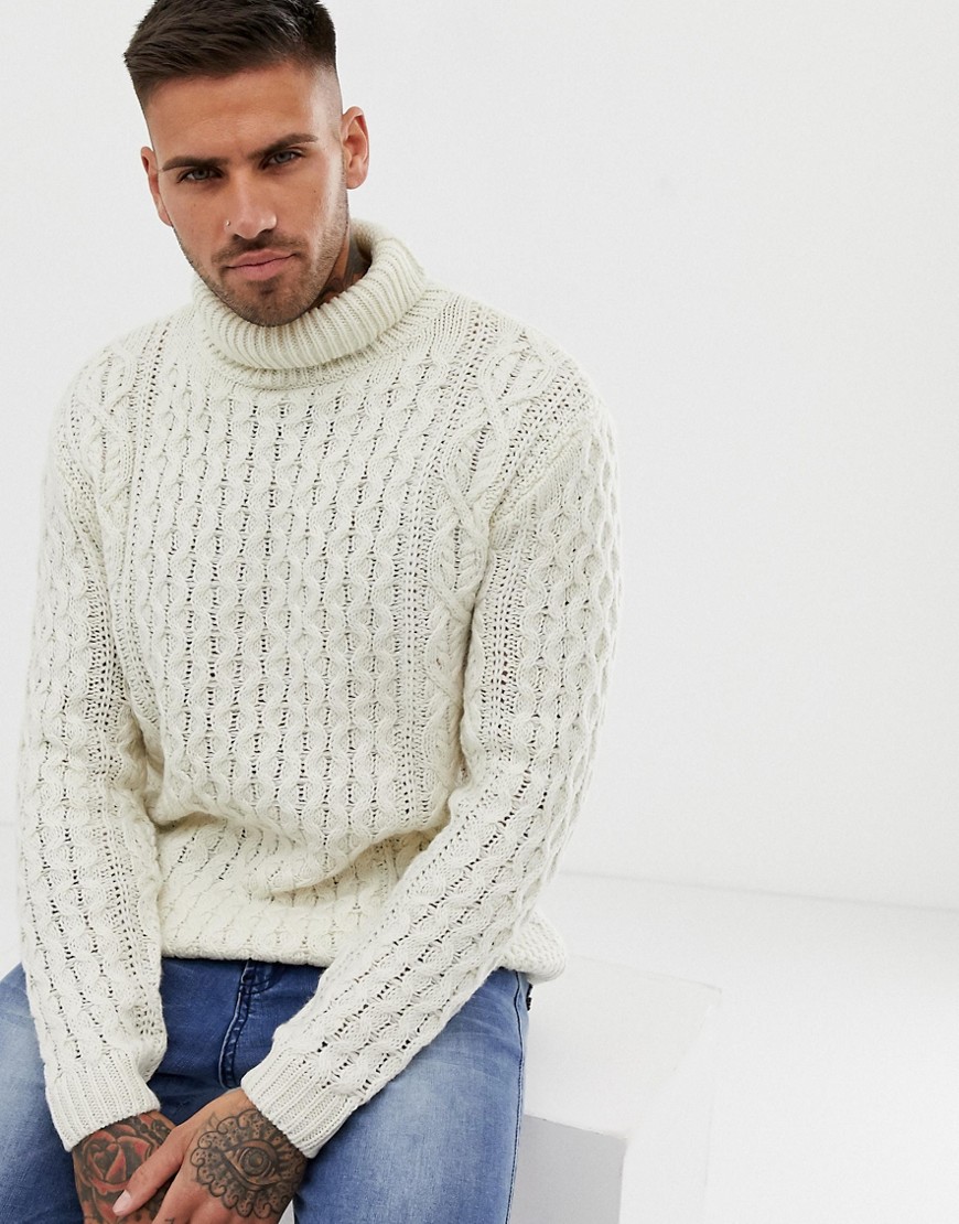 Pull&Bear cable knit roll neck jumper in cream