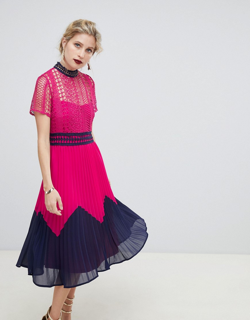 Liquorish contrast lace midi dress with pleated skirt