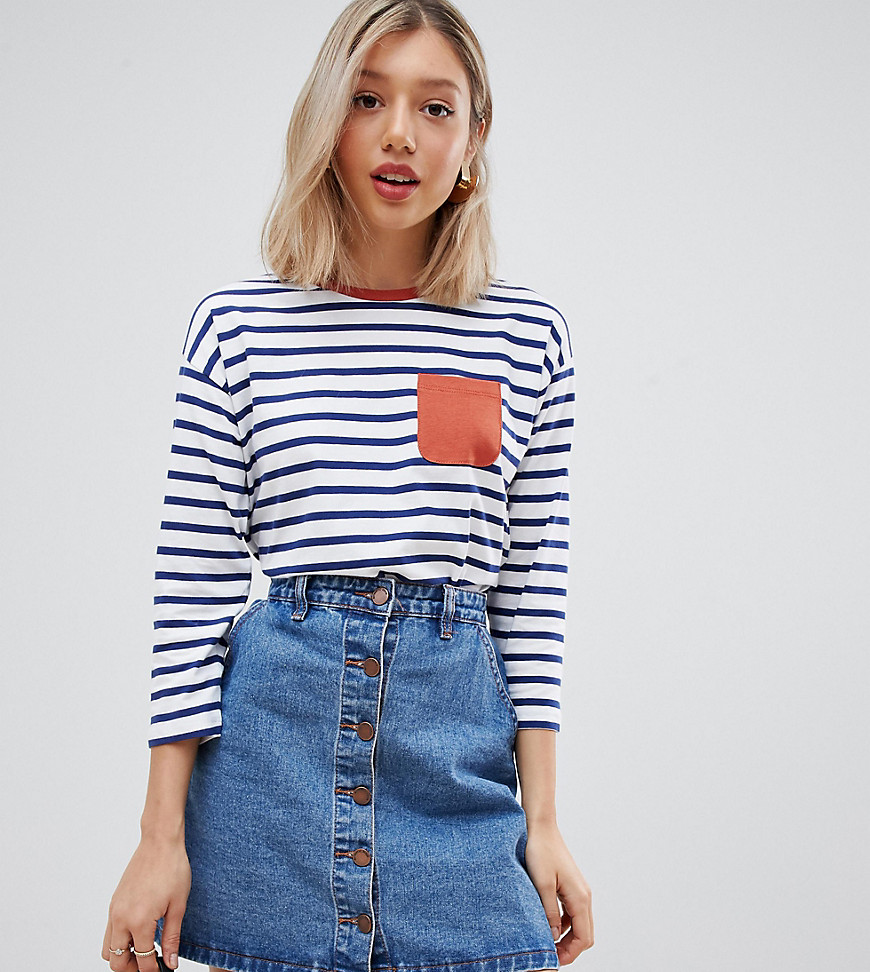 ASOS DESIGN PETITE top in stripe with long sleeve and contrast pocket detail