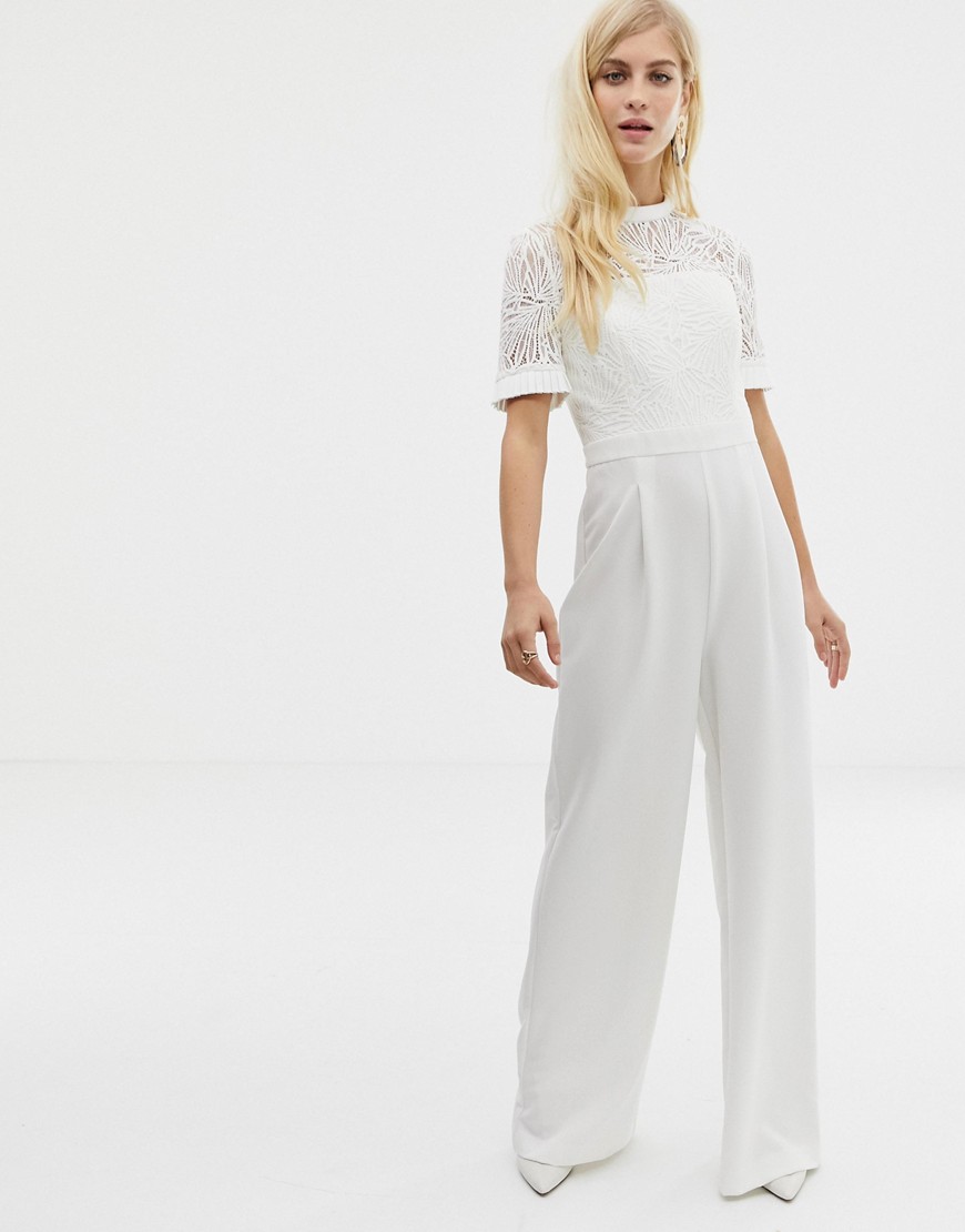 Forever New embroidered top jumpsuit with wide leg in white