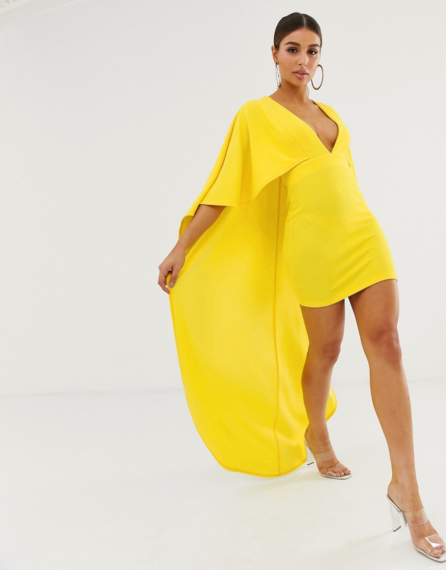 Asos Design Cape Detail Plunge Mini Dress-yellow