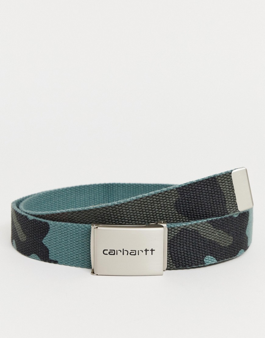 Carhartt WIP Clip belt chrome in evergreen camo