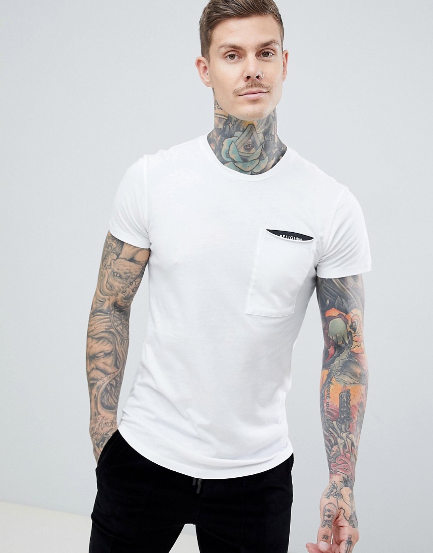 Religion muscle fit t-shirt with taped pocket in white