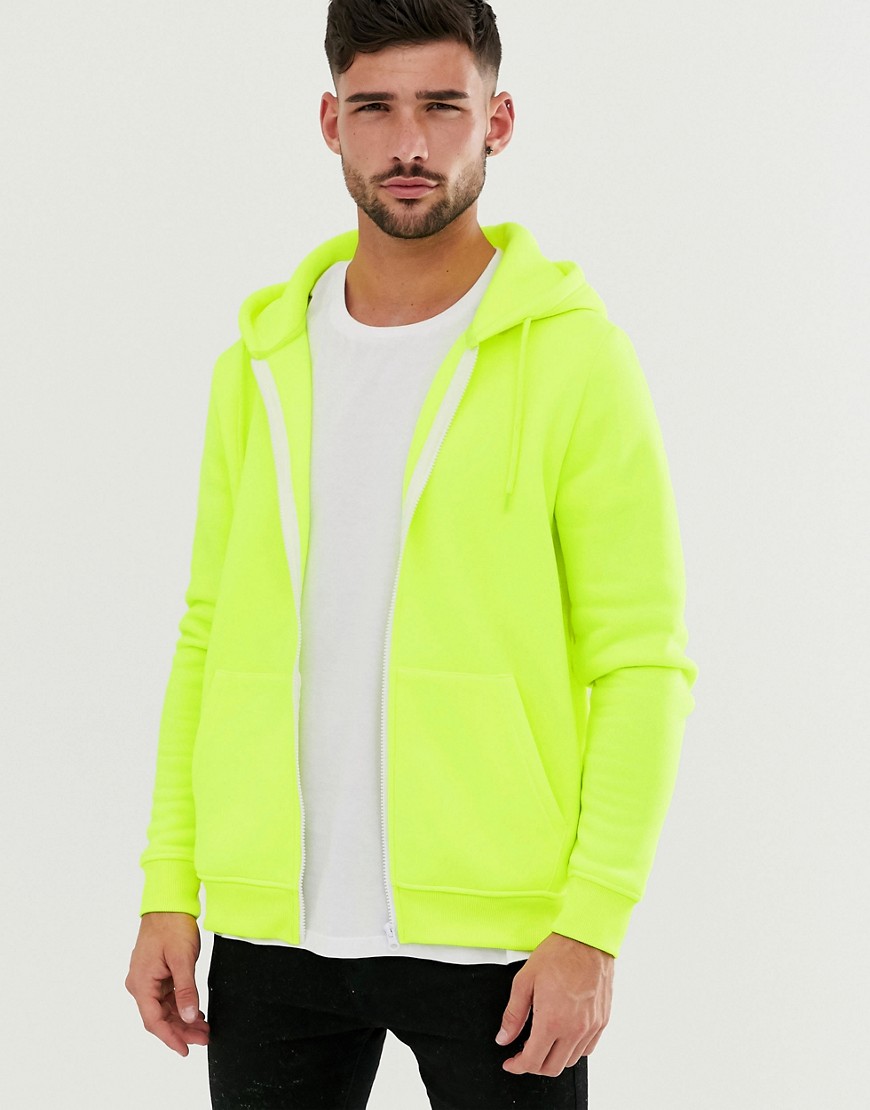 Brave Soul zip through hoodie in neon yellow