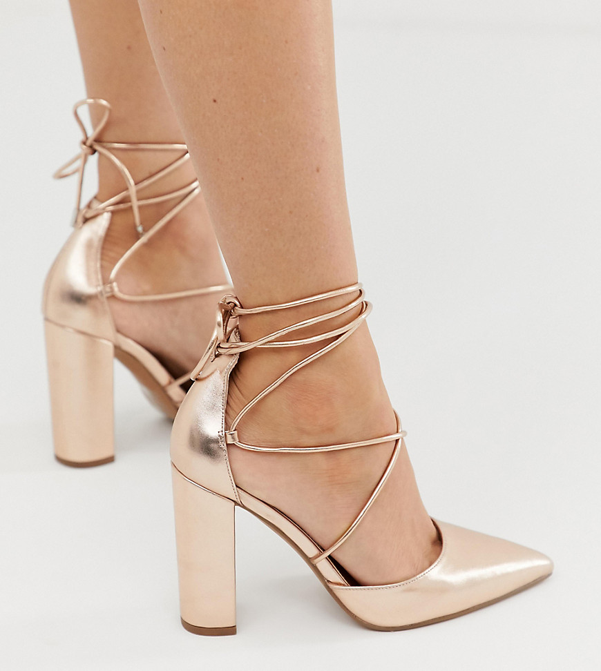 Public Desire Wide Fit Exclusive Tamara Embellished Knotted Strap Block  Heels In Gold | ModeSens