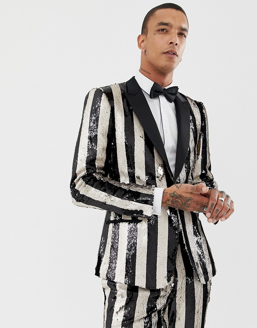 ASOS EDITION skinny tuxedo suit jacket in black and cream reversible sequin stripe