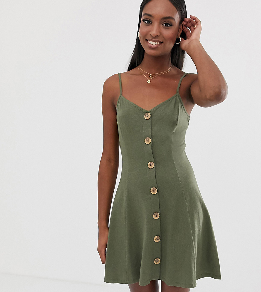ASOS DESIGN Tall exclusive mini slubby cami swing dress with faux wood buttons