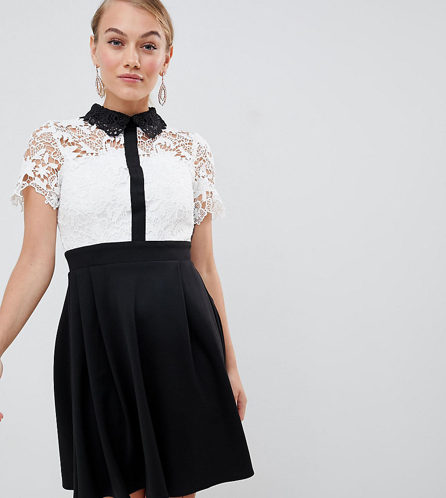 Paper Dolls Petite 2 in 1 crochet lace top skater dress with contrast collat detail in monochrome