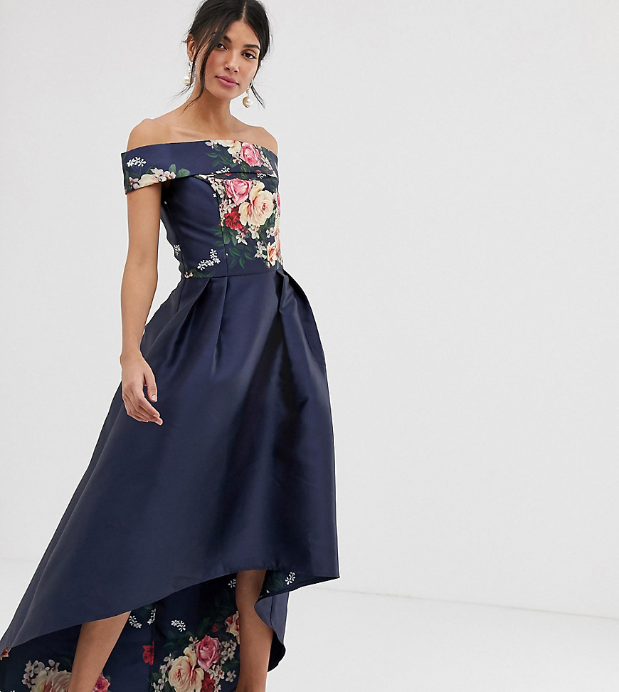 Chi Chi London Tall bardot neck prom dress with high low hem in navy floral