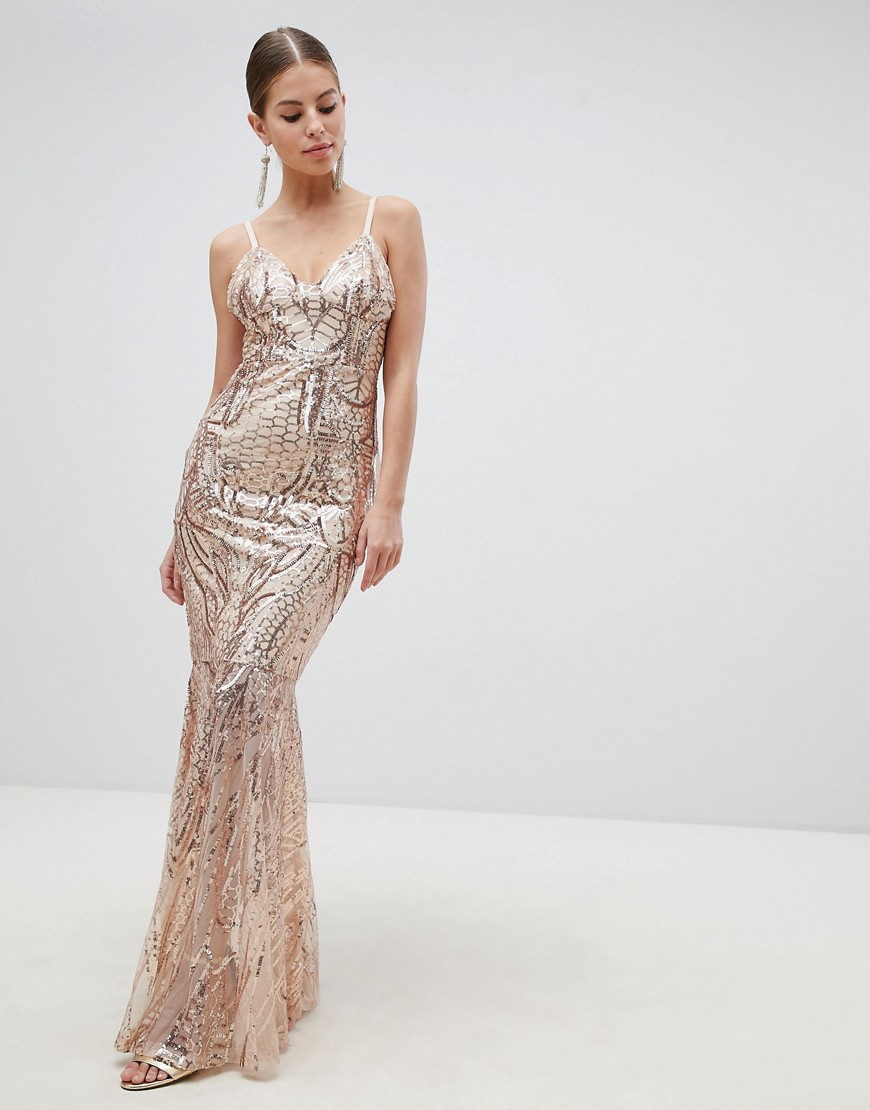 Club L Fully Embellished Sequin Cami Strap Fishtail Maxi Dress