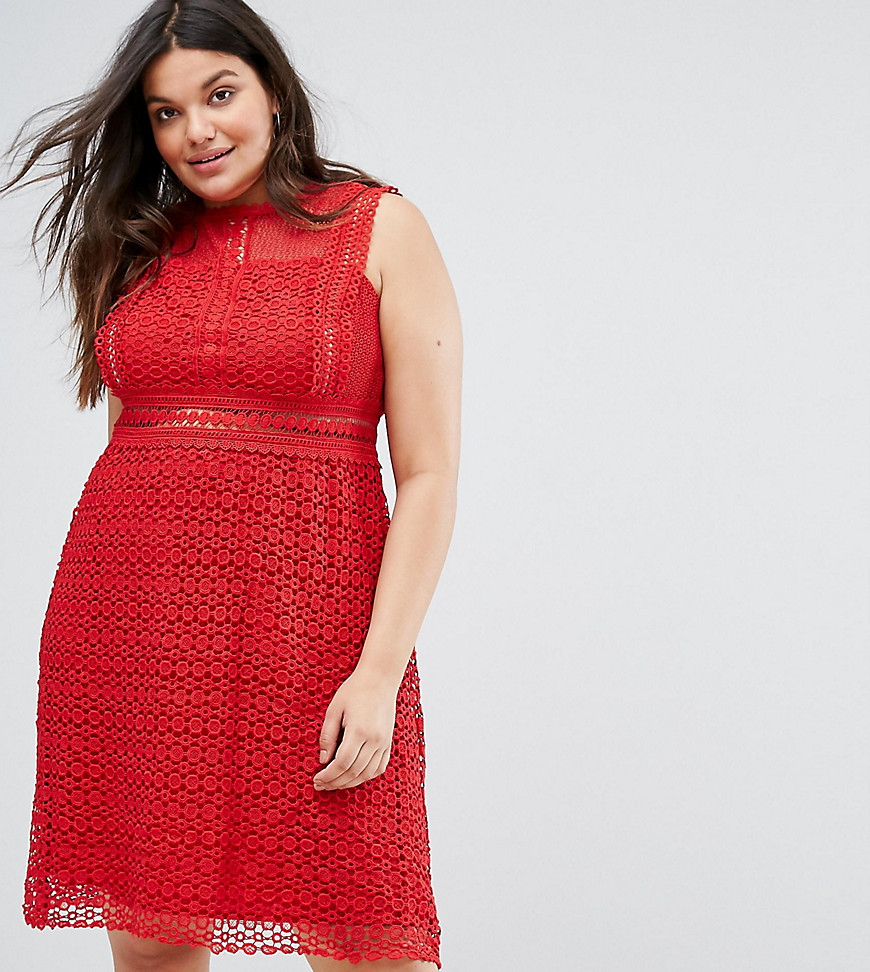 New Look Curve High Neck Cutwork Lace Dress - Red