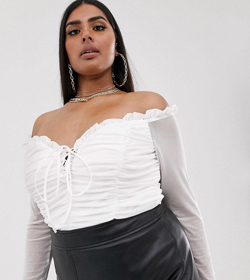 Club L London Plus ruched off shoulder body in white