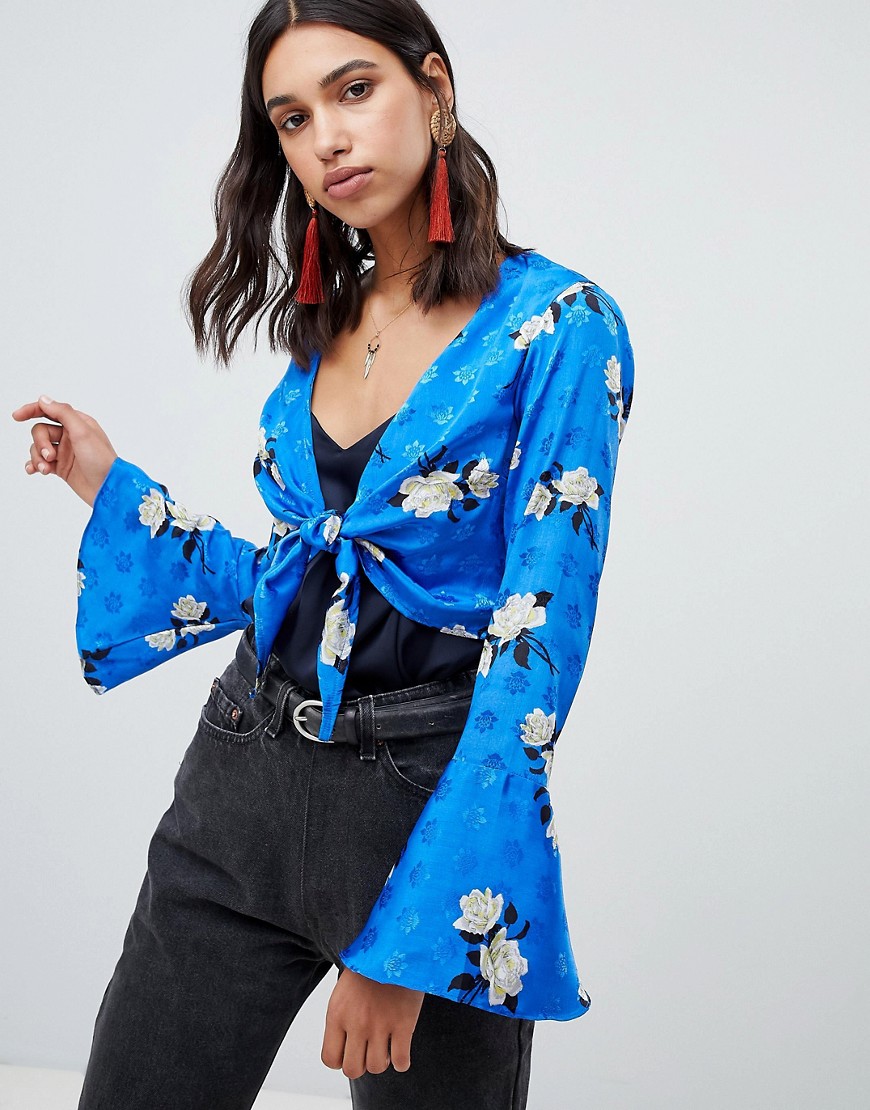 Asos Design Tie Front Long Sleeve Top In Jacquard Floral Print - Multi