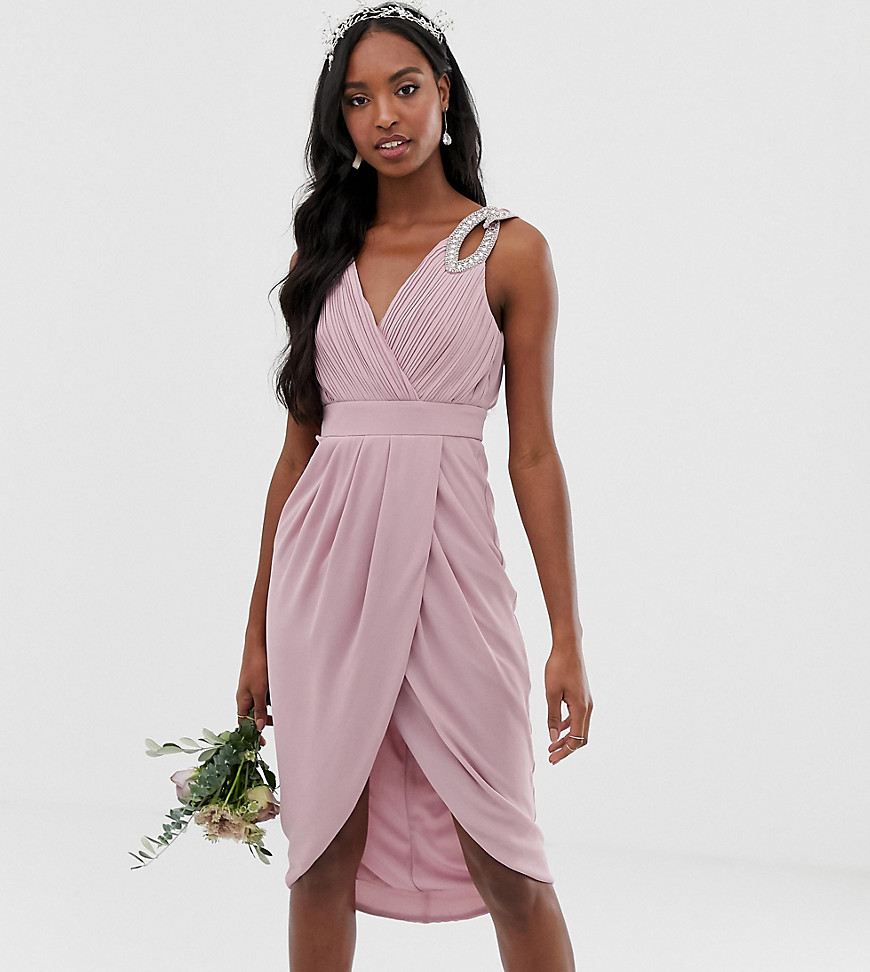 TFNC Tall bridesmaid exclusive wrap midi dress in pink