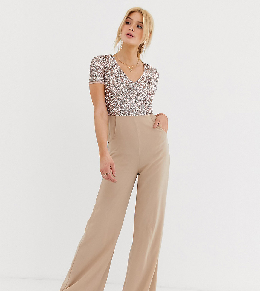 Maya Tall v neck delicate sequin jumpsuit in taupe blush