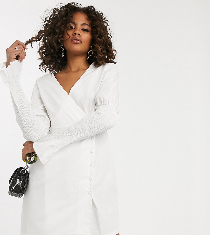 Missguided Tall button through poplin dress with ruched sleeves in white