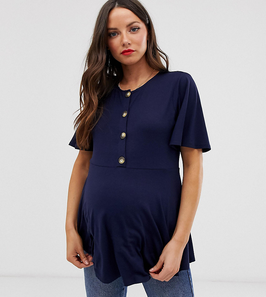 ASOS DESIGN Maternity nursing button front smock top with flutter sleeve in navy