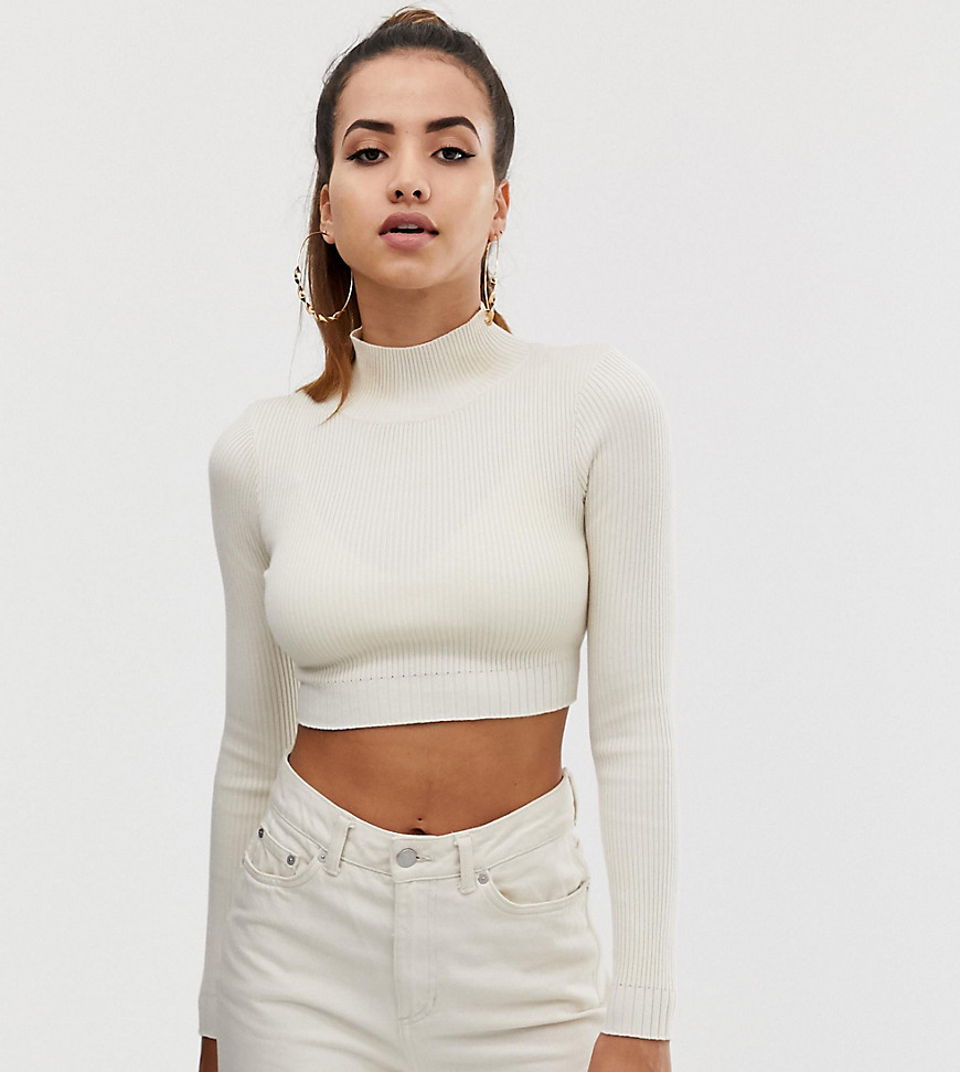 Missguided high neck crop top in sand knitted rib