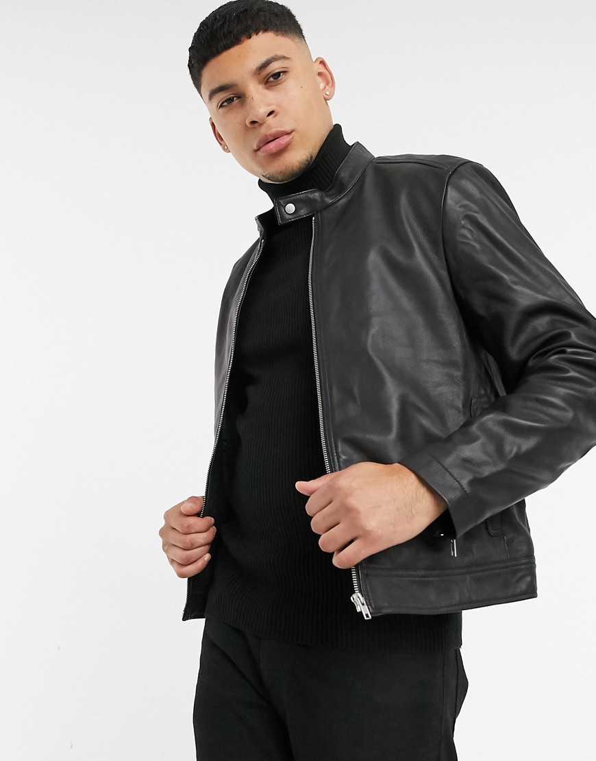ASOS DESIGN leather racing biker jacket in black
